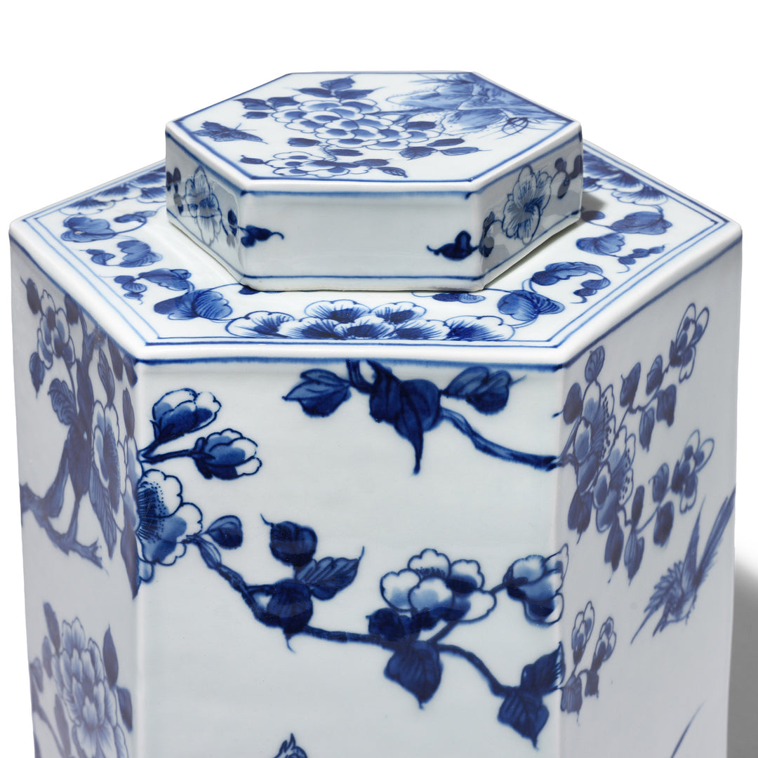 Lid Detail From Hexagonal Blue & White Porcelain Tea Caddy - Birds & Trees | Indigo Antiques