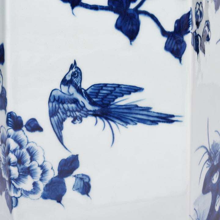 Bird Paintwork Detail From Hexagonal Blue & White Porcelain Tea Caddy - Birds & Trees | Indigo Antiques