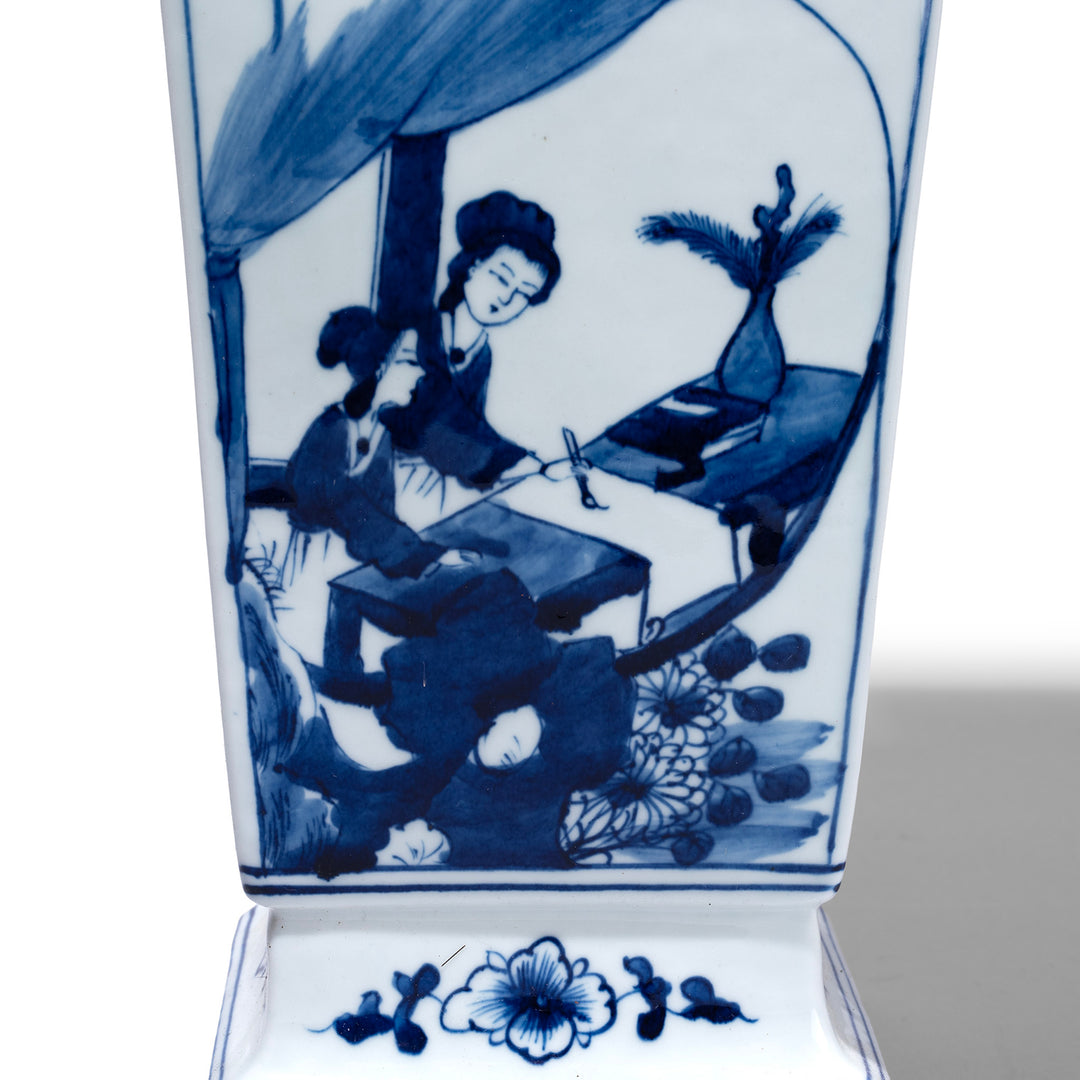 Artwork Detail From Reproduction Chinese Blue And White Square Vase With Hand Painted Kangxi Style Garden Scenes