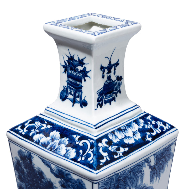 Rim Detail From Reproduction Chinese Blue And White Square Vase With Hand Painted Kangxi Style Garden Scenes