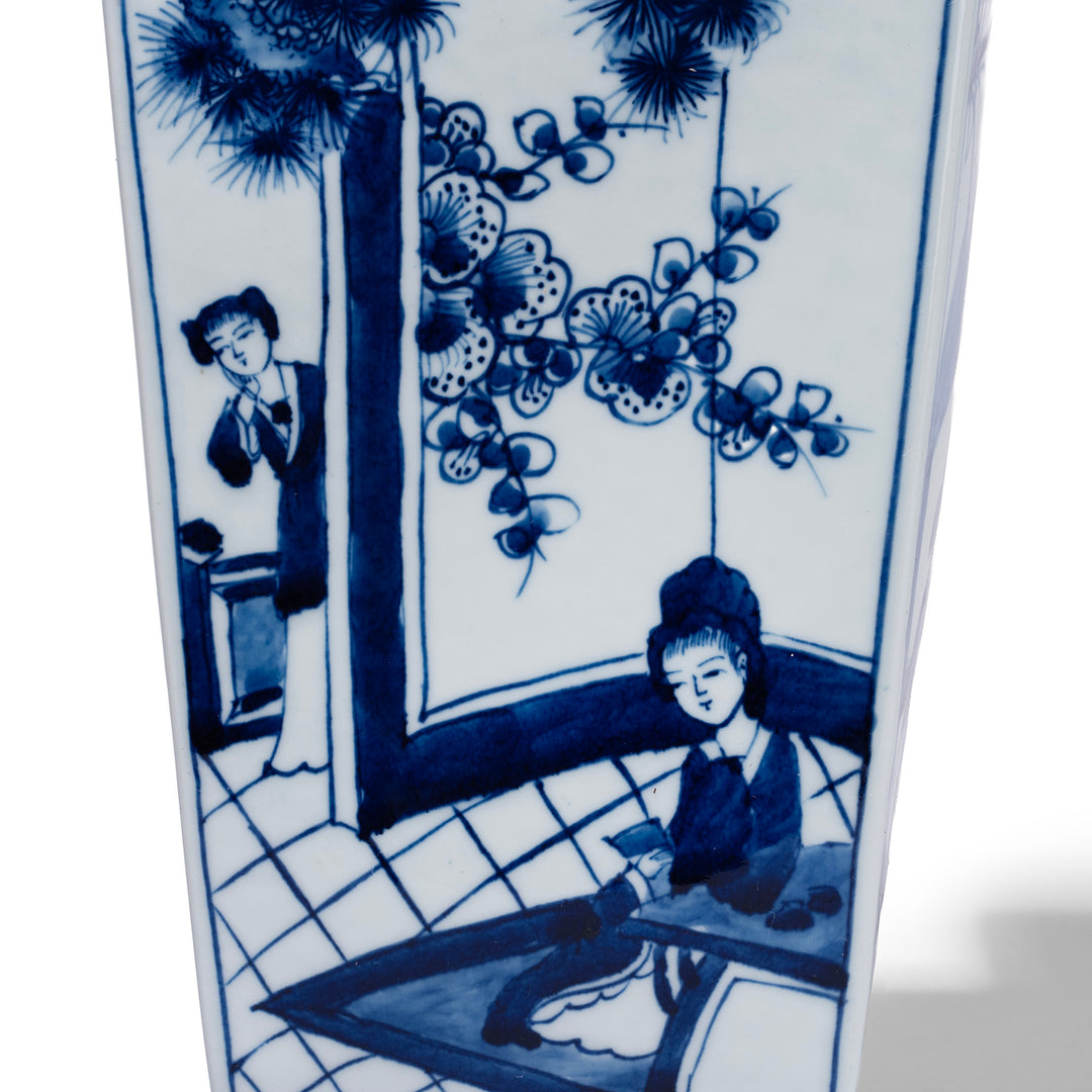 Artwork Detail From Reproduction Chinese Blue And White Square Vase With Hand Painted Kangxi Style Garden Scenes