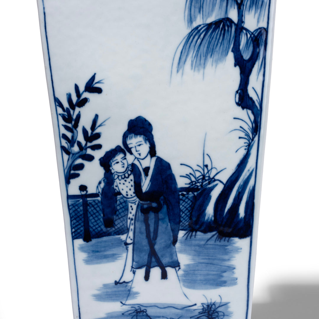 Artwork Detail From Reproduction Chinese Blue And White Square Vase With Hand Painted Kangxi Style Garden Scenes
