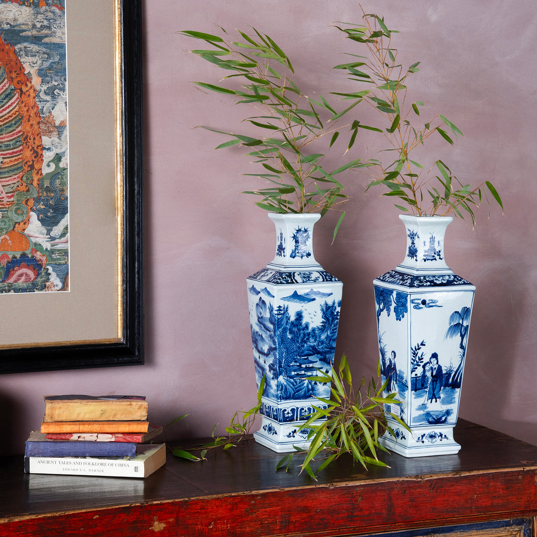 Blue & White Porcelain Squared Vase - Pastoral Scenes 