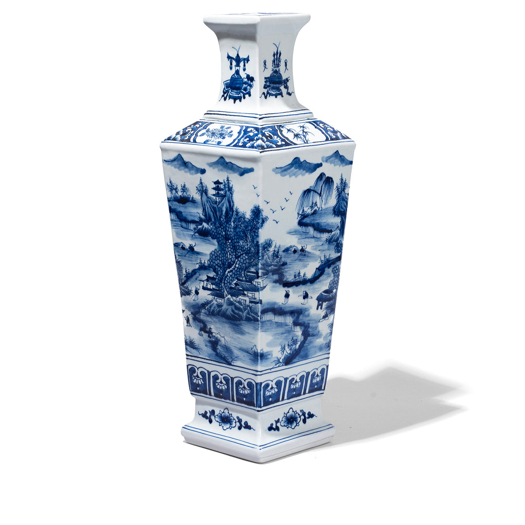 Blue & White Porcelain Squared Vase - Pastoral Scenes 