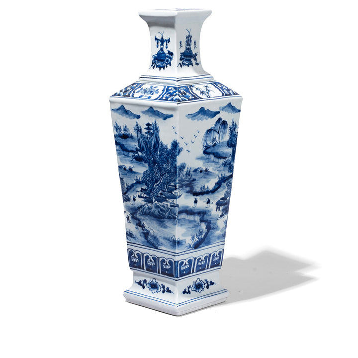 Blue & White Porcelain Squared Vase - Pastoral Scenes 