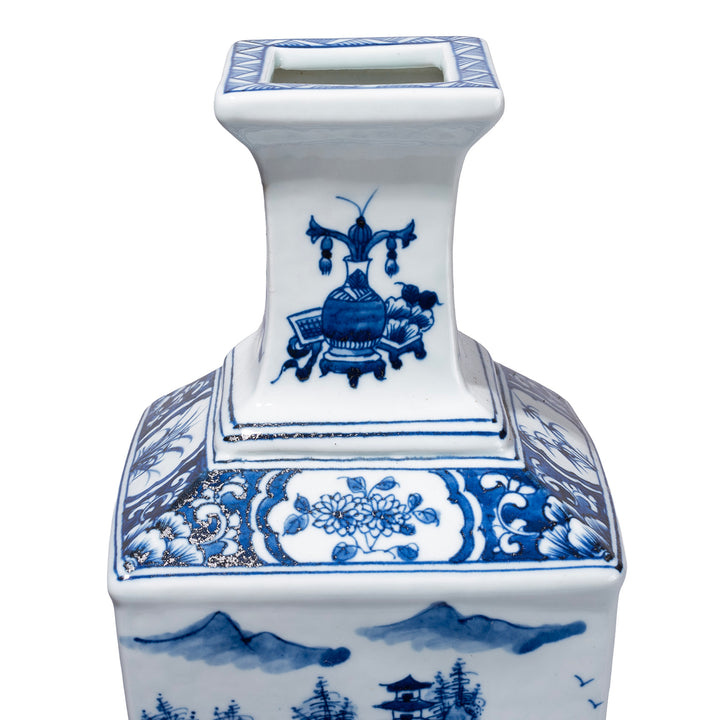 Detail From Neck Of Blue & White Porcelain Squared Vase - Pastoral Scenes 