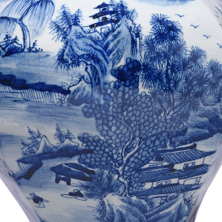 Artwork Detail From Octagonal Blue & White Porcelain Temple Jar | Indigo Antiques
