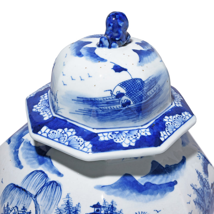 Lid Detail From Octagonal Blue & White Porcelain Temple Jar | Indigo Antiques