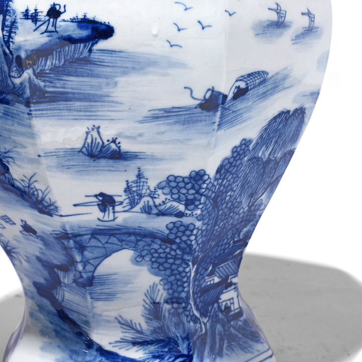 Artwork Detail From Octagonal Blue & White Porcelain Temple Jar | Indigo Antiques