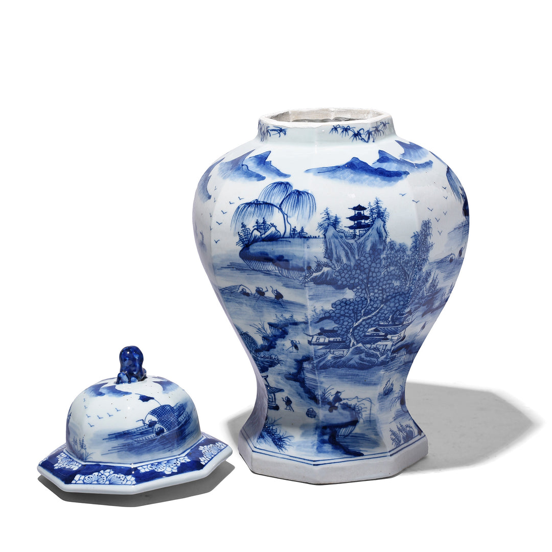 Back View Of Octagonal Blue & White Porcelain Temple Jar | Indigo Antiques