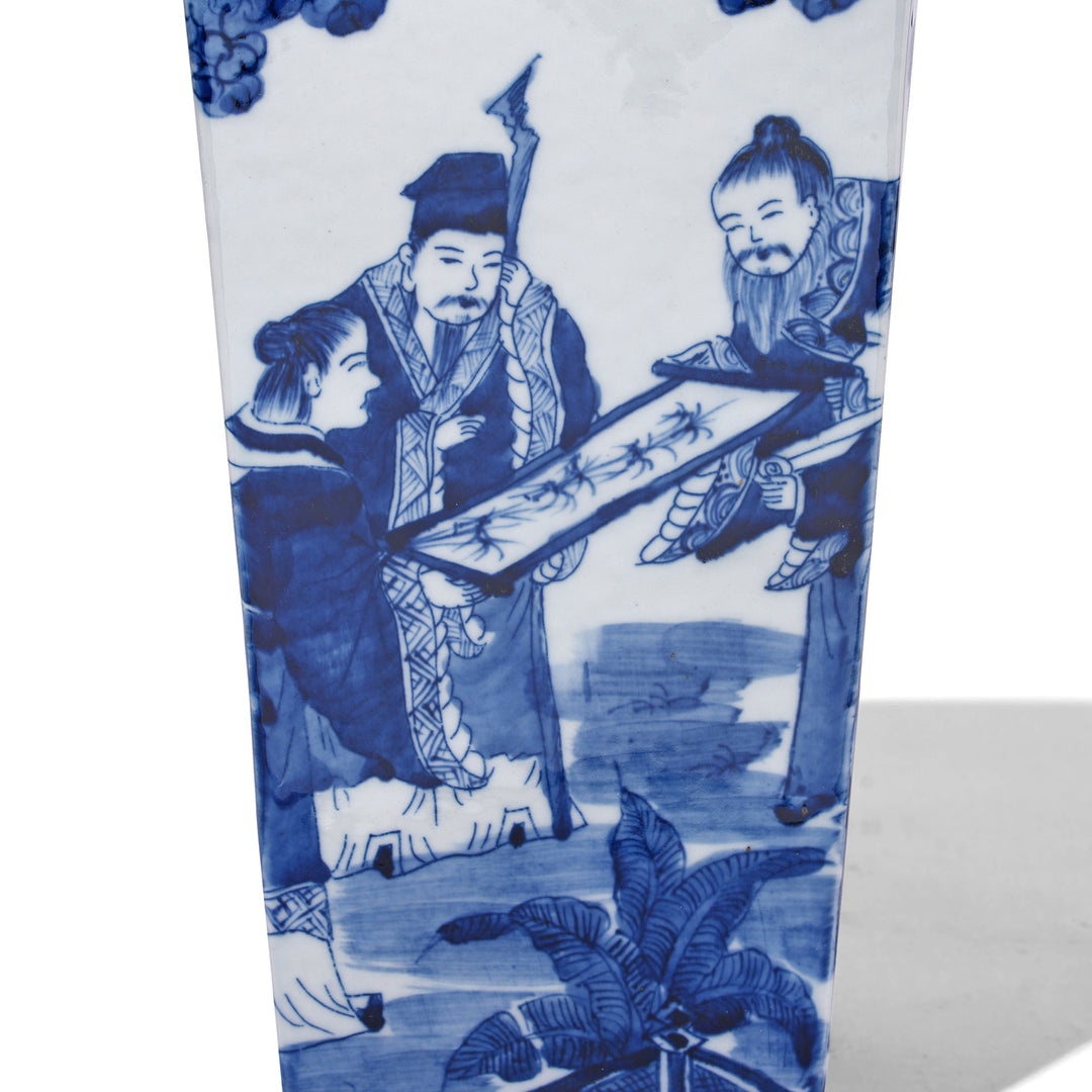 Paintork Detail Of Men Admiring Artwork On Blue & White Porcelain Squared Vase | Indigo Antiques