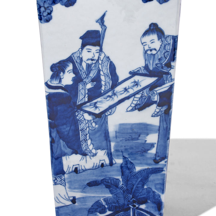 Paintork Detail Of Men Admiring Artwork On Blue & White Porcelain Squared Vase | Indigo Antiques
