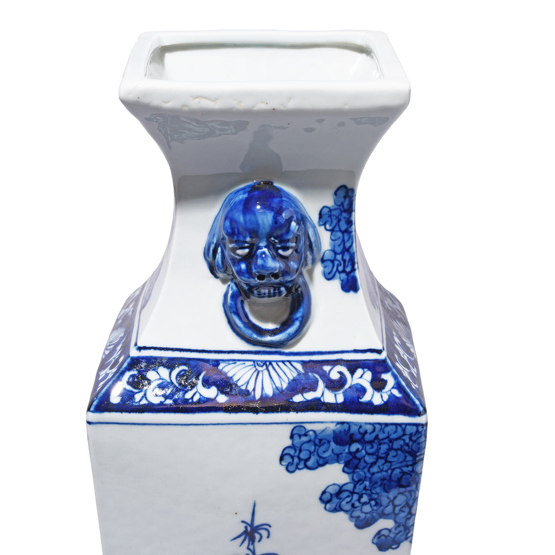 Neck And Handle Detail From Blue & White Porcelain Squared Vase | Indigo Antiques