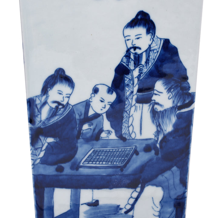 Detail Of People Playing Go From Blue & White Porcelain Squared Vase | Indigo Antiques