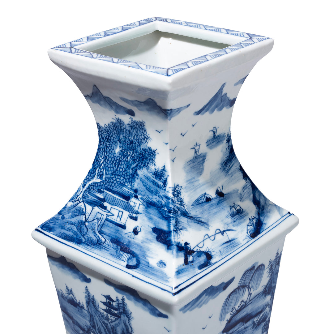 Detailed View Of Blue And White Porcelain Squared Vase With Hand Painted Khangai Mountain Scenes In Kangxi Style