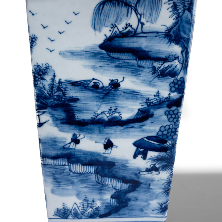 Close Up Of Paintwork From Blue And White Porcelain Squared Vase With Hand Painted Khangai Mountain Scenes In Kangxi Style