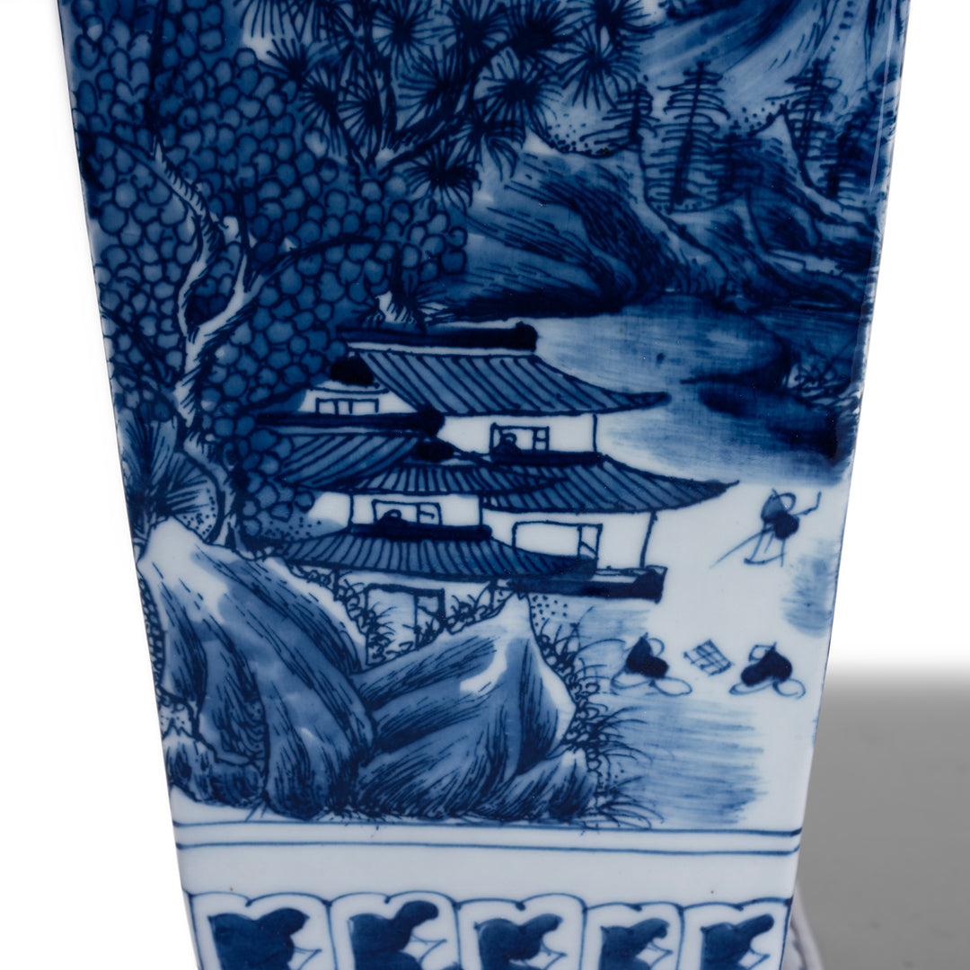 Paintwork Detail From Blue And White Porcelain Squared Vase With Hand Painted Khangai Mountain Scenes In Kangxi Style