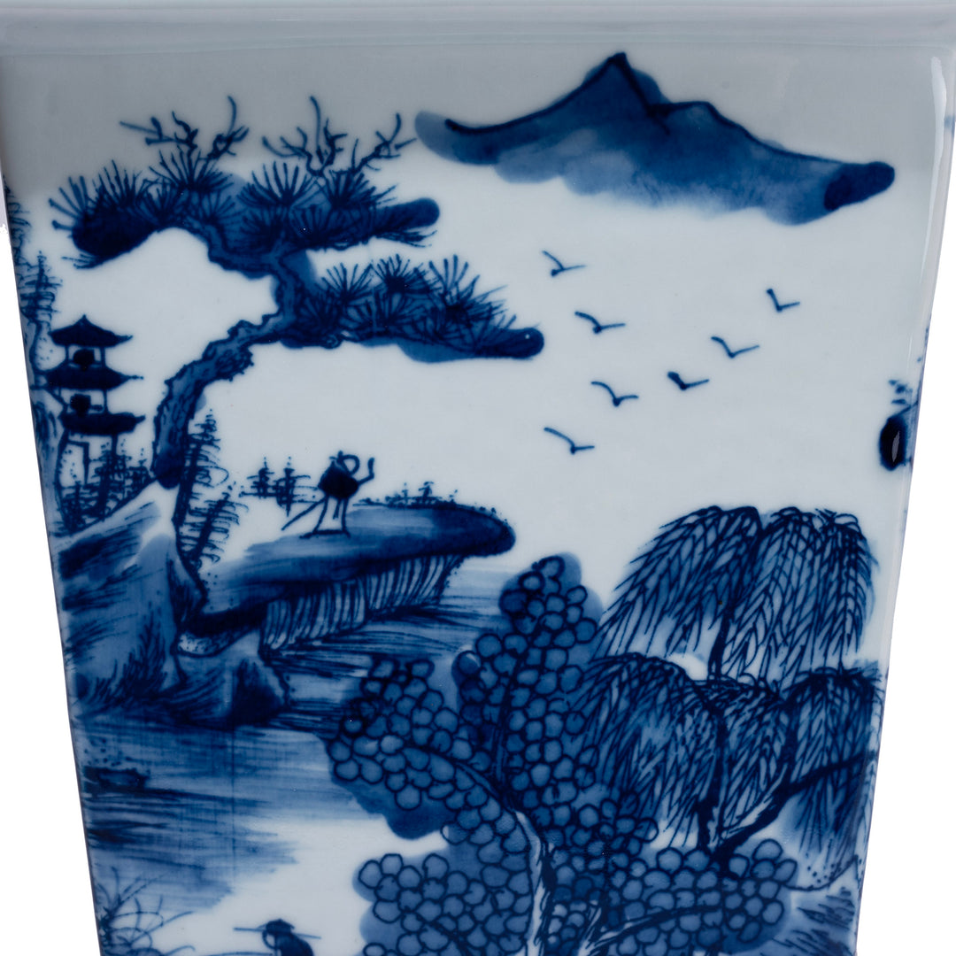 Side View Of Blue And White Porcelain Squared Vase With Hand Painted Khangai Mountain Scenes In Kangxi Style