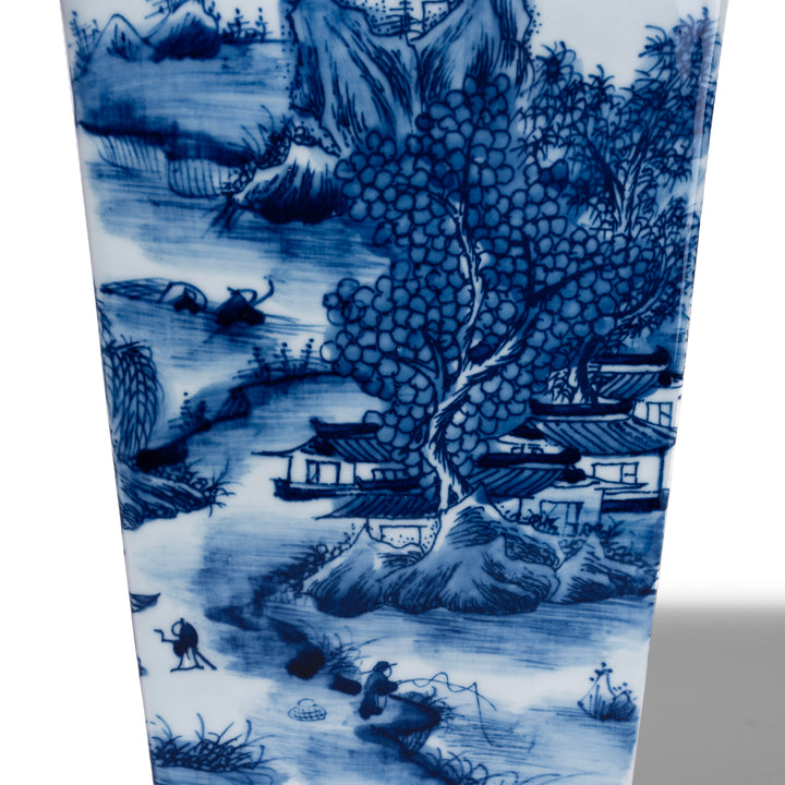 Paintwork Detail From Blue And White Porcelain Squared Vase With Hand Painted Khangai Mountain Scenes In Kangxi Style
