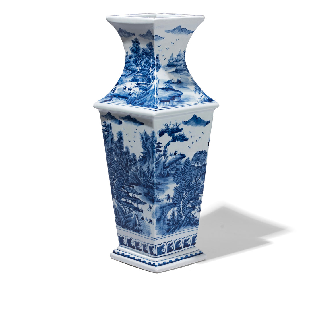 Angled View Of Blue And White Porcelain Squared Vase With Hand Painted Khangai Mountain Scenes In Kangxi Style
