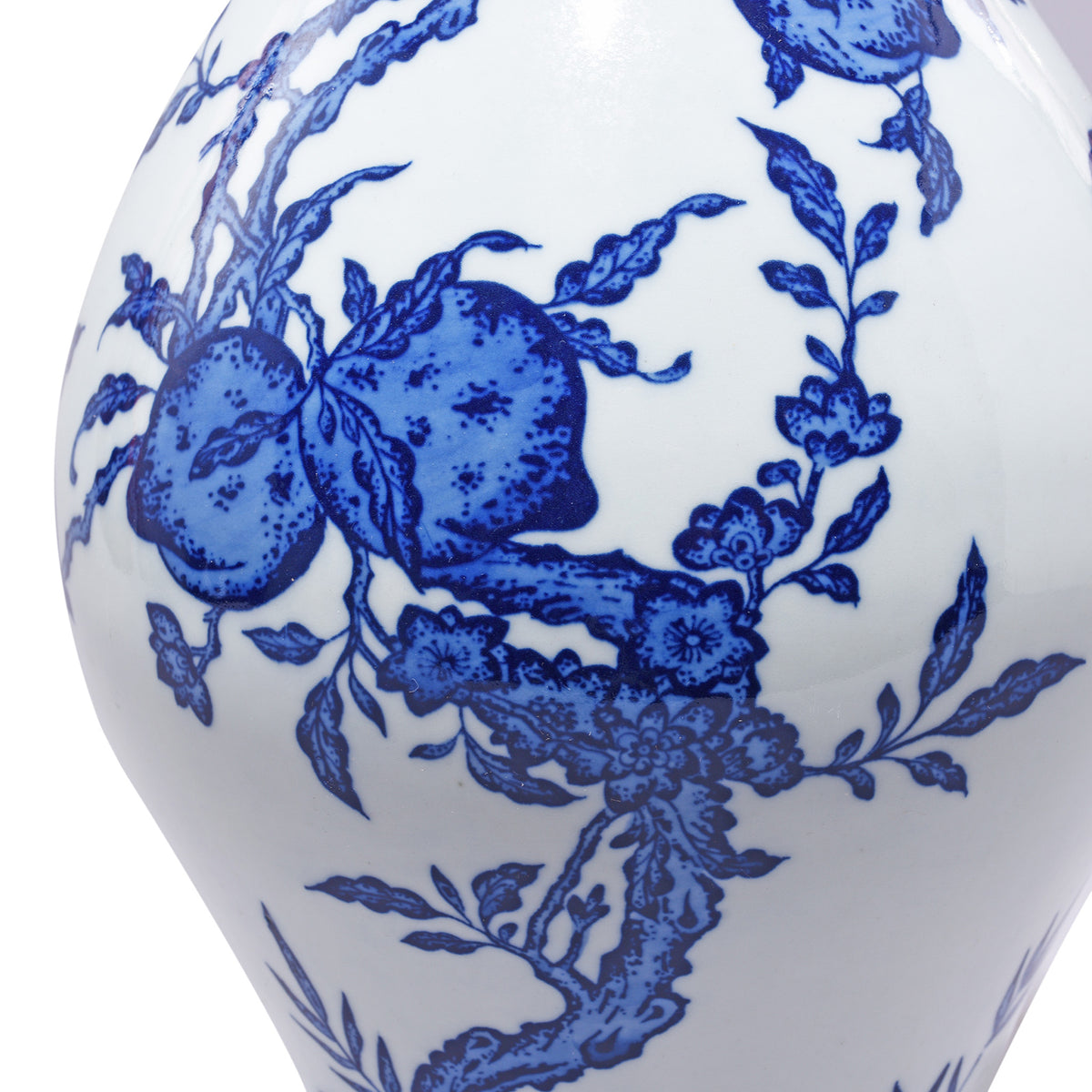 Peach Detail From Blue & White Porcelain Fengweizun Vase - Peach Tree Design | Indigo Antiques