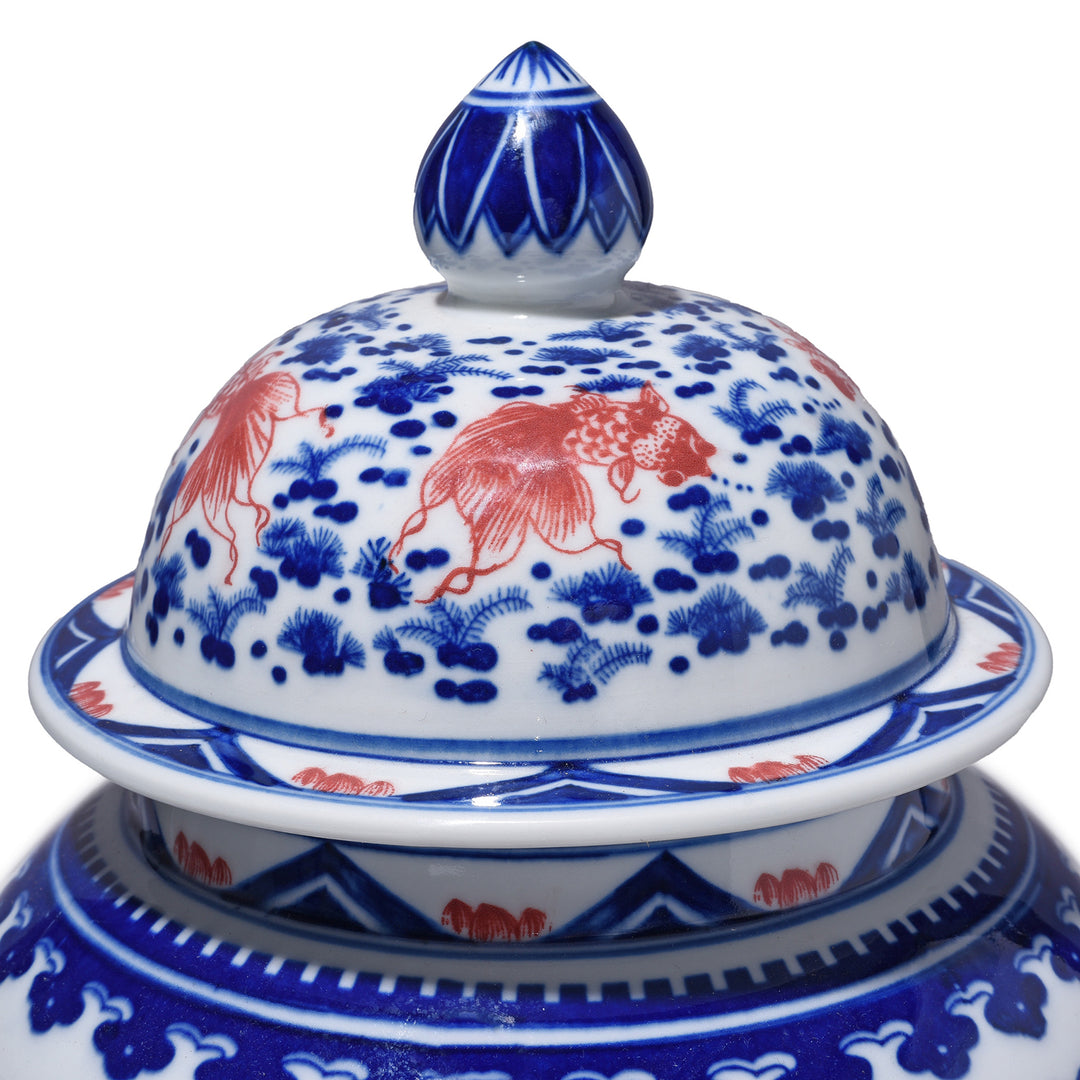 Lid Detail From Iron Red, Blue & White Porcelain Temple Jar - Fishes | Indigo Antiques