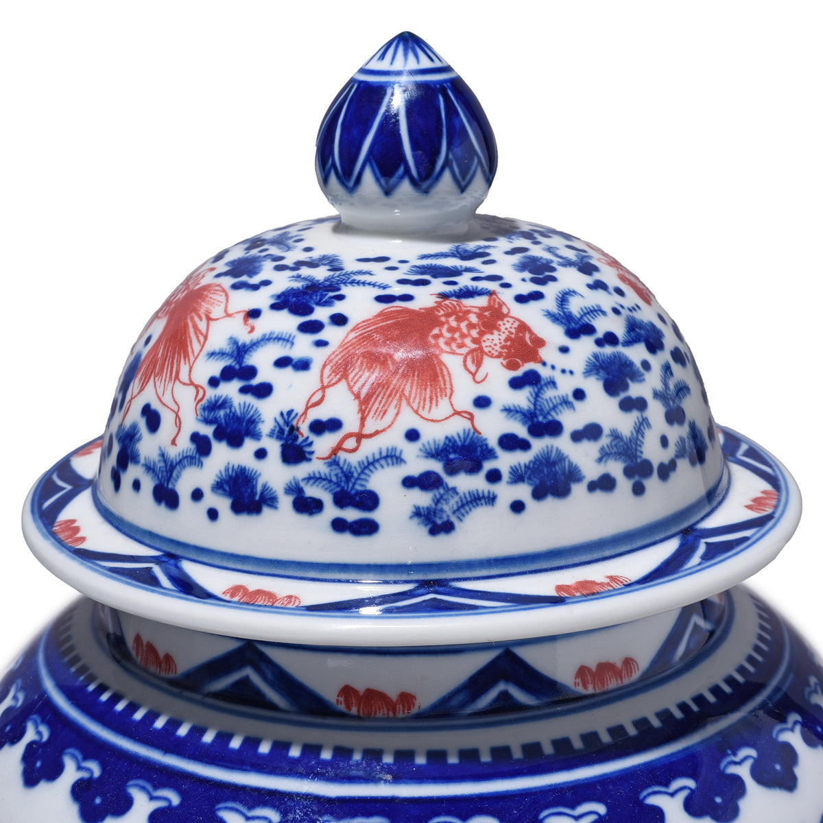 Lid Detail From Iron Red, Blue & White Porcelain Temple Jar - Fishes | Indigo Antiques
