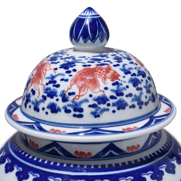 Lid Detail From Iron Red, Blue & White Porcelain Temple Jar - Fishes | Indigo Antiques