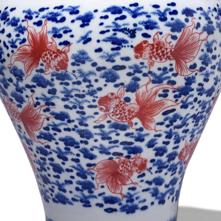 Fish Pattern Detail From Iron Red, Blue & White Porcelain Temple Jar - Fishes | Indigo Antiques