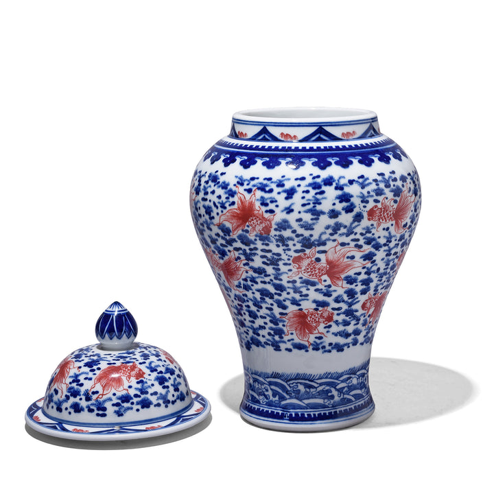 Reverse Lid Off View Of Iron Red, Blue & White Porcelain Temple Jar - Fishes | Indigo Antiques