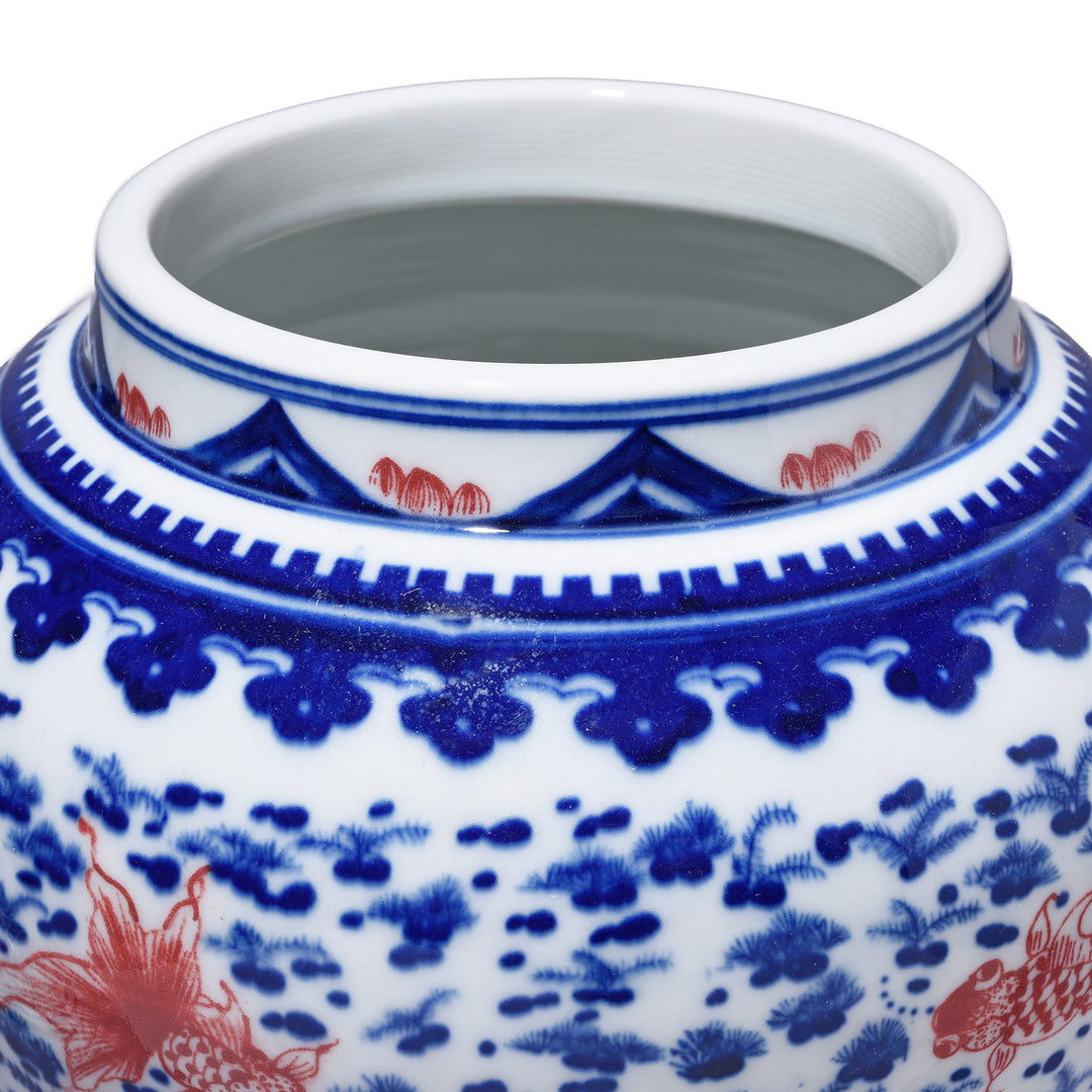 Rim Detail From Iron Red, Blue & White Porcelain Temple Jar - Fishes | Indigo Antiques