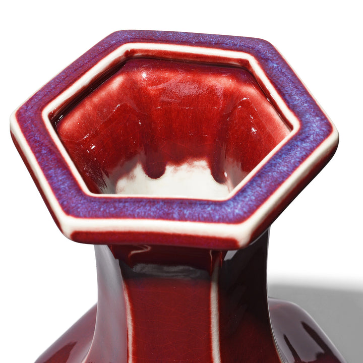 Opening Detail From Flambe Glaze Porcelain Hexagonal Flower Vase | Indigo Antiques