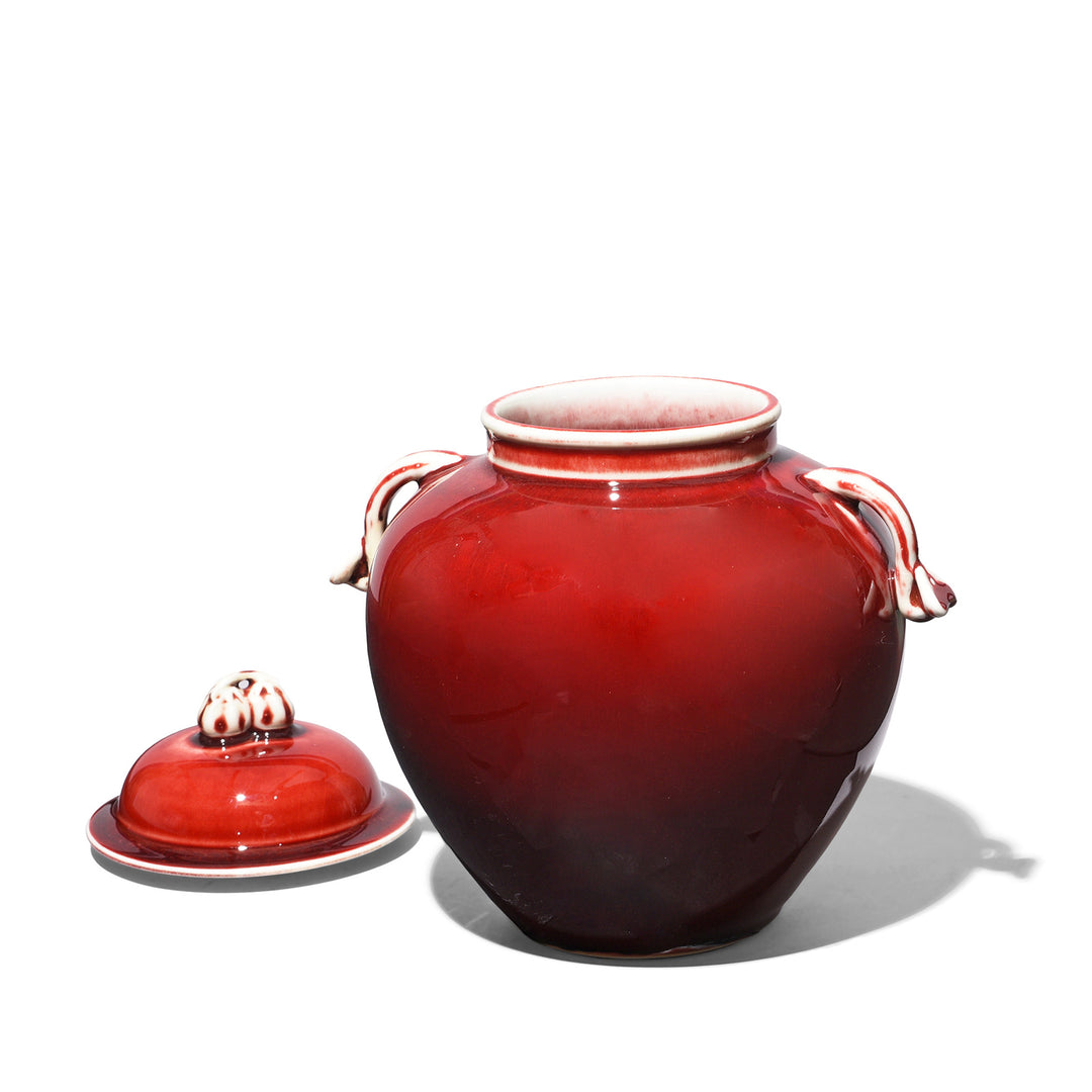 Lid Off View Of Flambe Glaze Porcelain Lidded Urn | Indigo Antiques