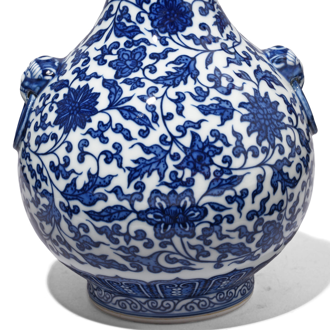 Floral Detail On Blue & White Porcelain Garlic Mouth Vase