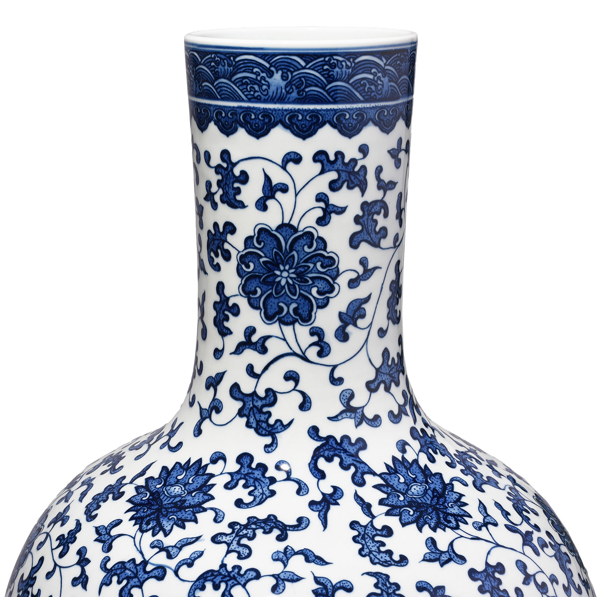 Neck Detail From Large Blue & White Porcelain Tianqiuping Vase | Indigo Antiques