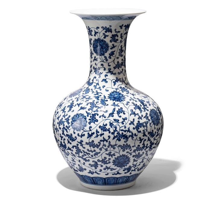 Blue & White Porcelain Trumpet Vase With Chrysanthemum Design | Indigo Antiques