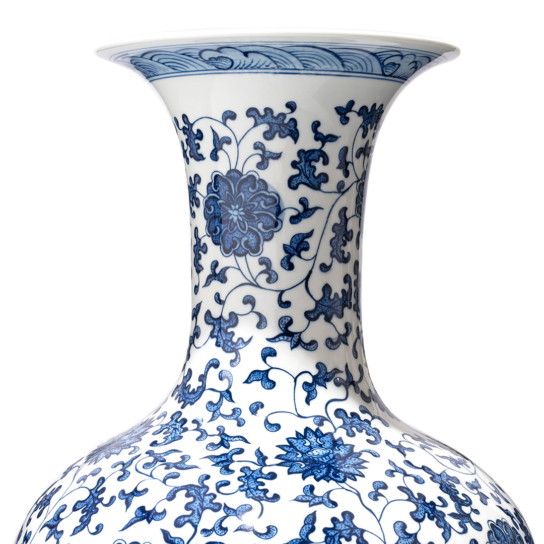 Neck Detail From Blue & White Porcelain Trumpet Vase With Chrysanthemum Design | Indigo Antiques