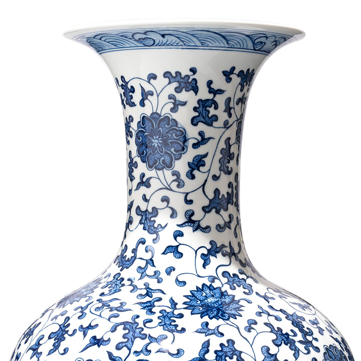 Neck Detail From Blue & White Porcelain Trumpet Vase With Chrysanthemum Design | Indigo Antiques