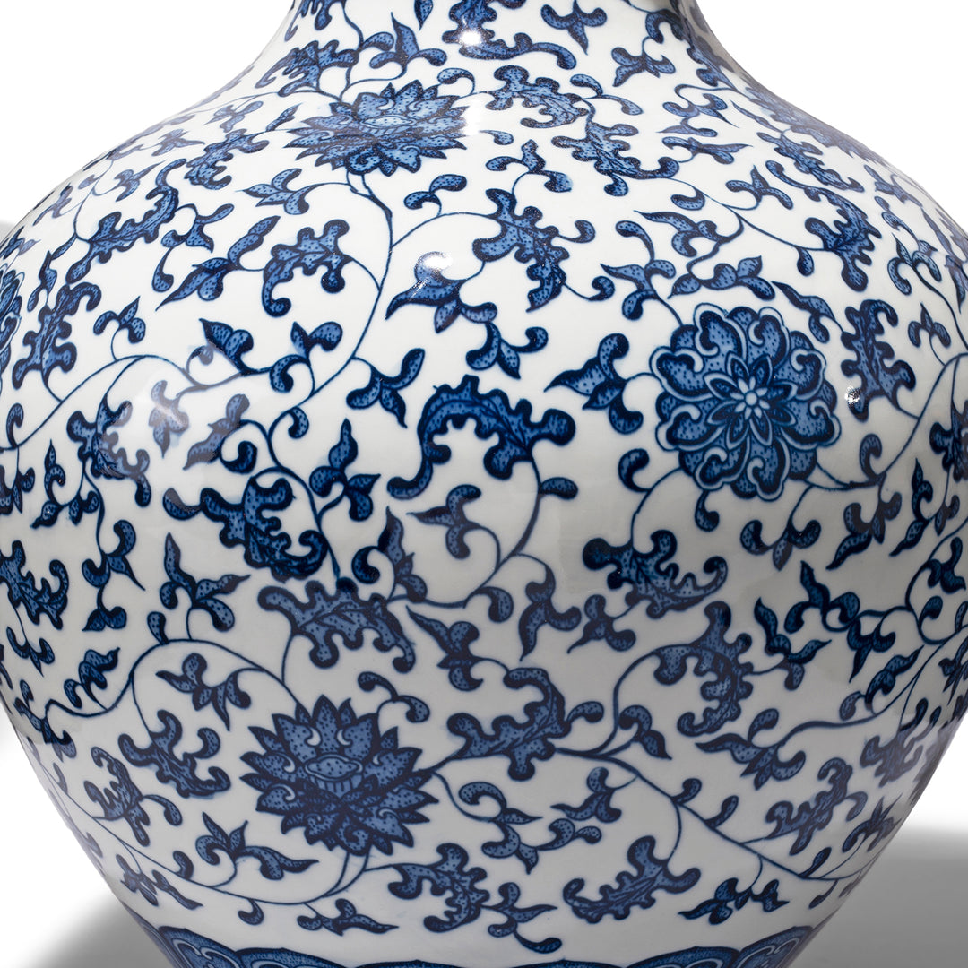Design Detail From Blue & White Porcelain Trumpet Vase With Chrysanthemum Design | Indigo Antiques