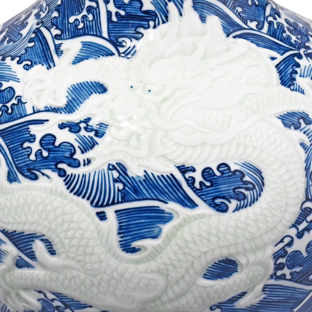 Dragon Detail From Large Blue & White Porcelain Wave Dragon Vase | Indigo Antiques