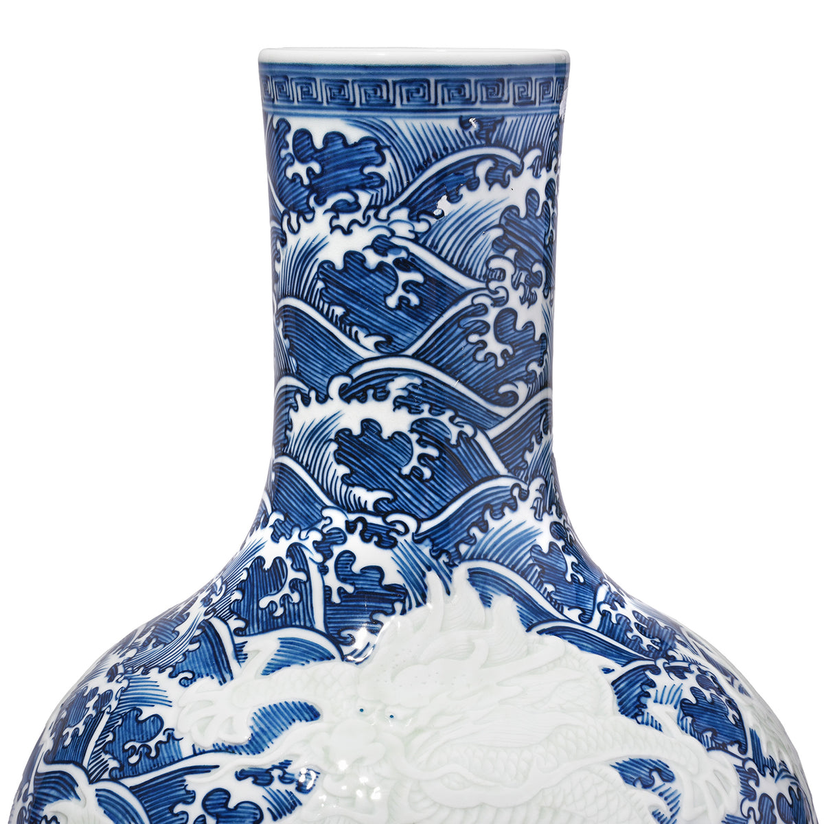 Neck Detail From Large Blue & White Porcelain Wave Dragon Vase | Indigo Antiques