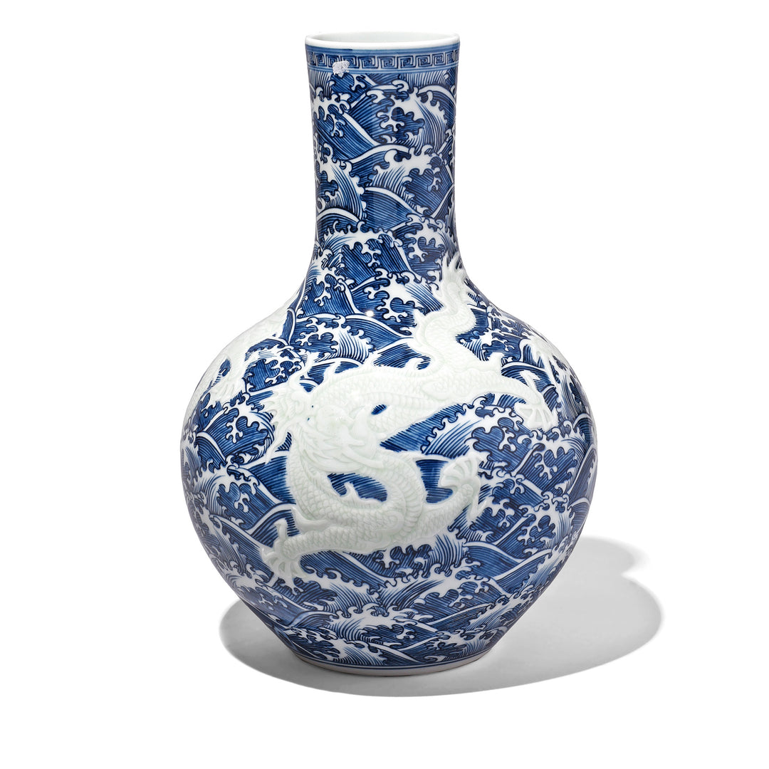 Other Side Of Large Blue & White Porcelain Wave Dragon Vase | Indigo Antiques