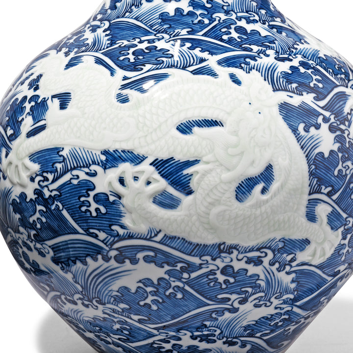 Dragon Detail From Large Blue & White Porcelain Wave Dragon Vase | Indigo Antiques