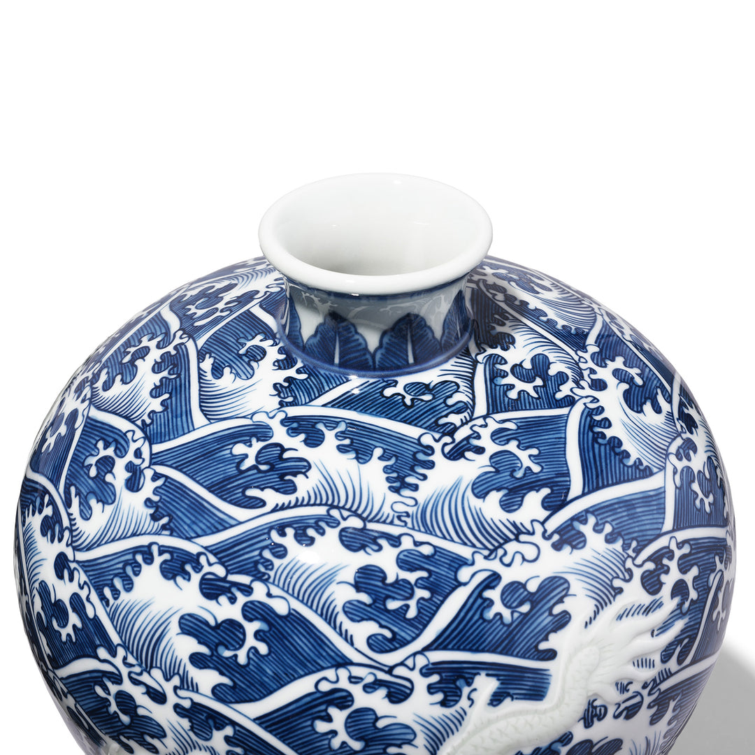 Top Down Detail From Blue & White Porcelain Meiping Vase - Wave Dragon | Indigo Antiques