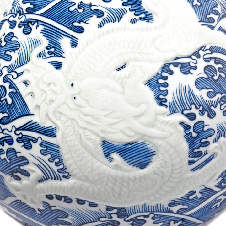 Dragon Detail From Blue & White Porcelain Trumpet Mouth Vase - Wave Dragon | Indigo Antiques