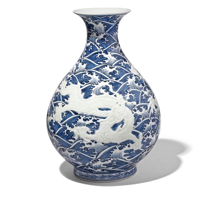 Blue & White Porcelain Trumpet Mouth Vase - Wave Dragon | Indigo Antiques