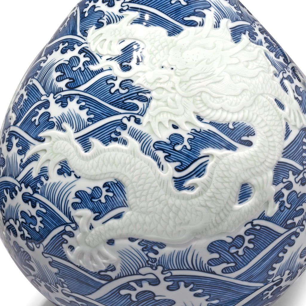 Blue & White Porcelain Yuhuchunping Vase - Wave Dragons
