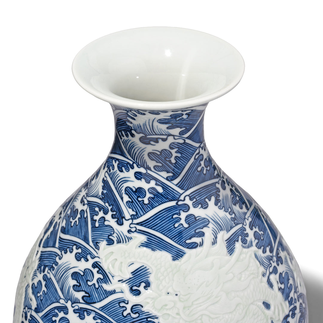 Mouth Detail From Blue & White Porcelain Trumpet Mouth Vase - Wave Dragon | Indigo Antiques