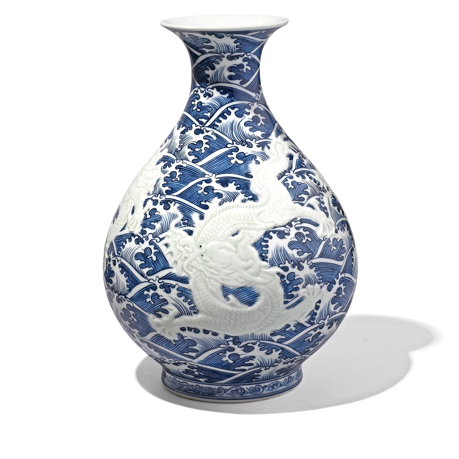 Blue & White Porcelain Trumpet Mouth Vase - Wave Dragon | Indigo Antiques