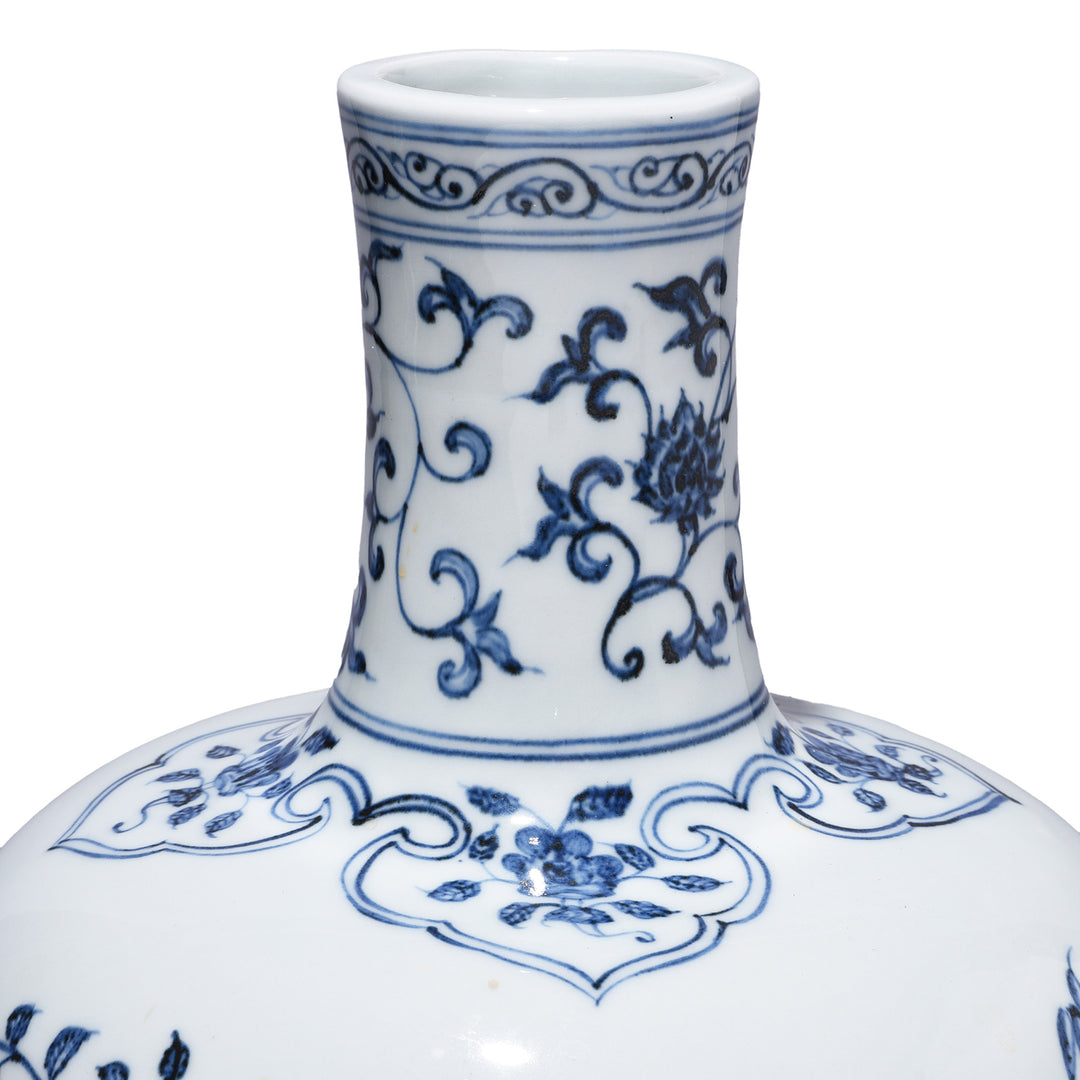 Neck Detail From Blue & White Porcelain Tianqiuping Vase - Pond Design | Indigo Antiques